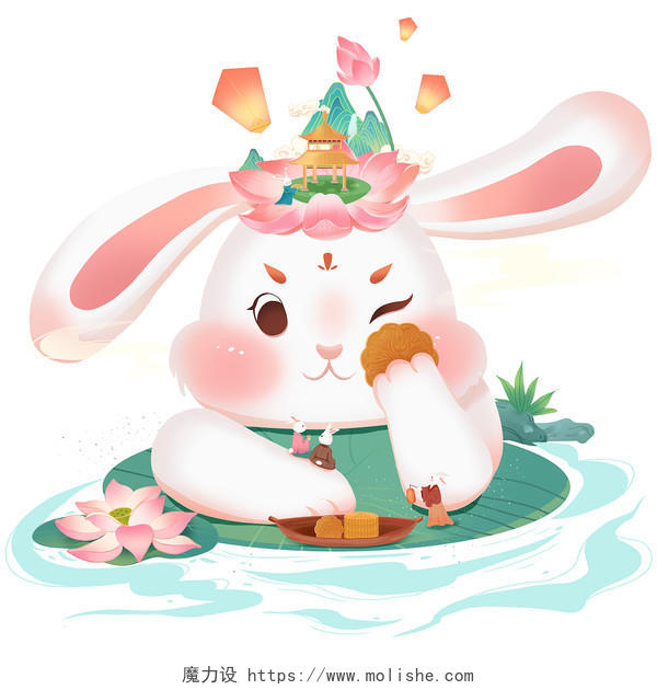 想吃月饼的兔子国潮中秋节兔子荷花月饼灯八月十五